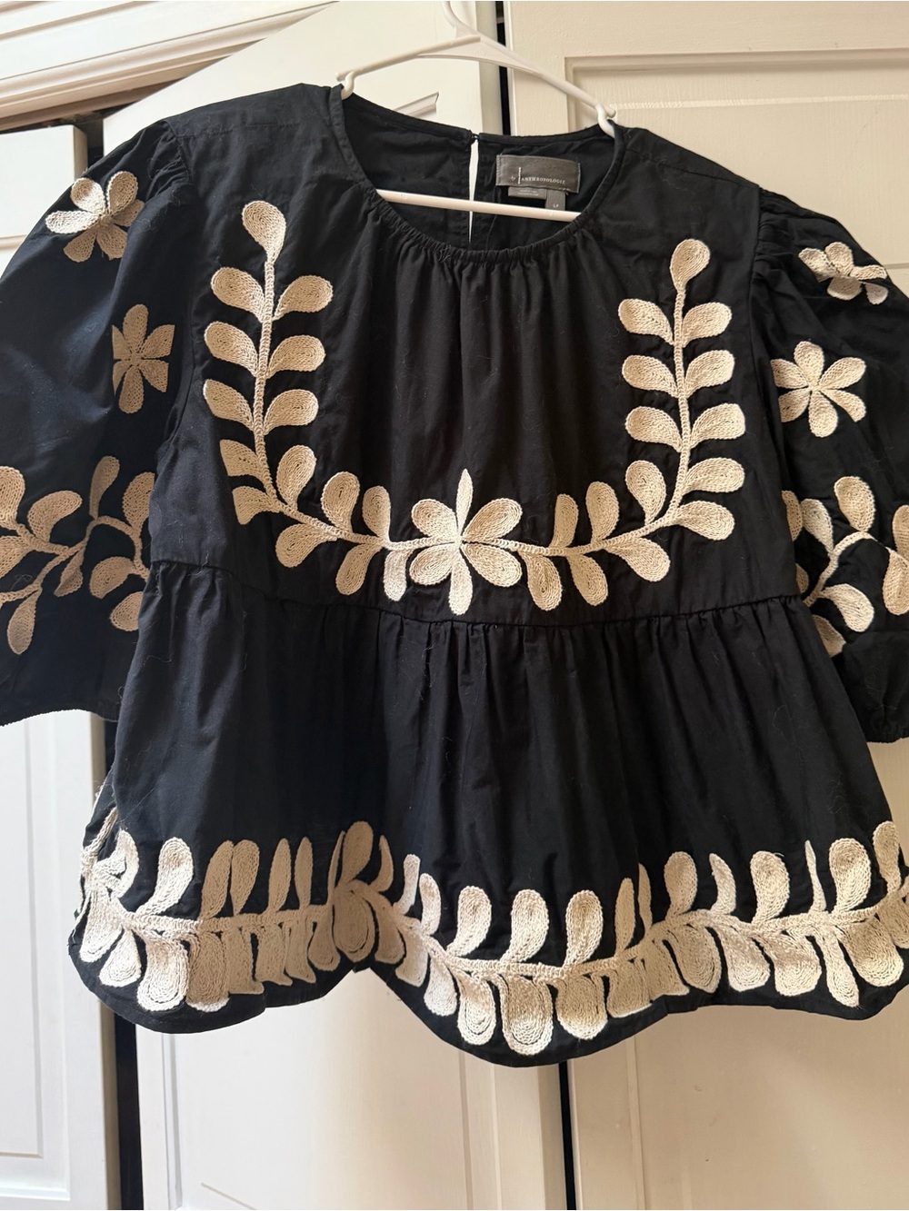 Anthropologie Black Top with Cream Floral Embroidery